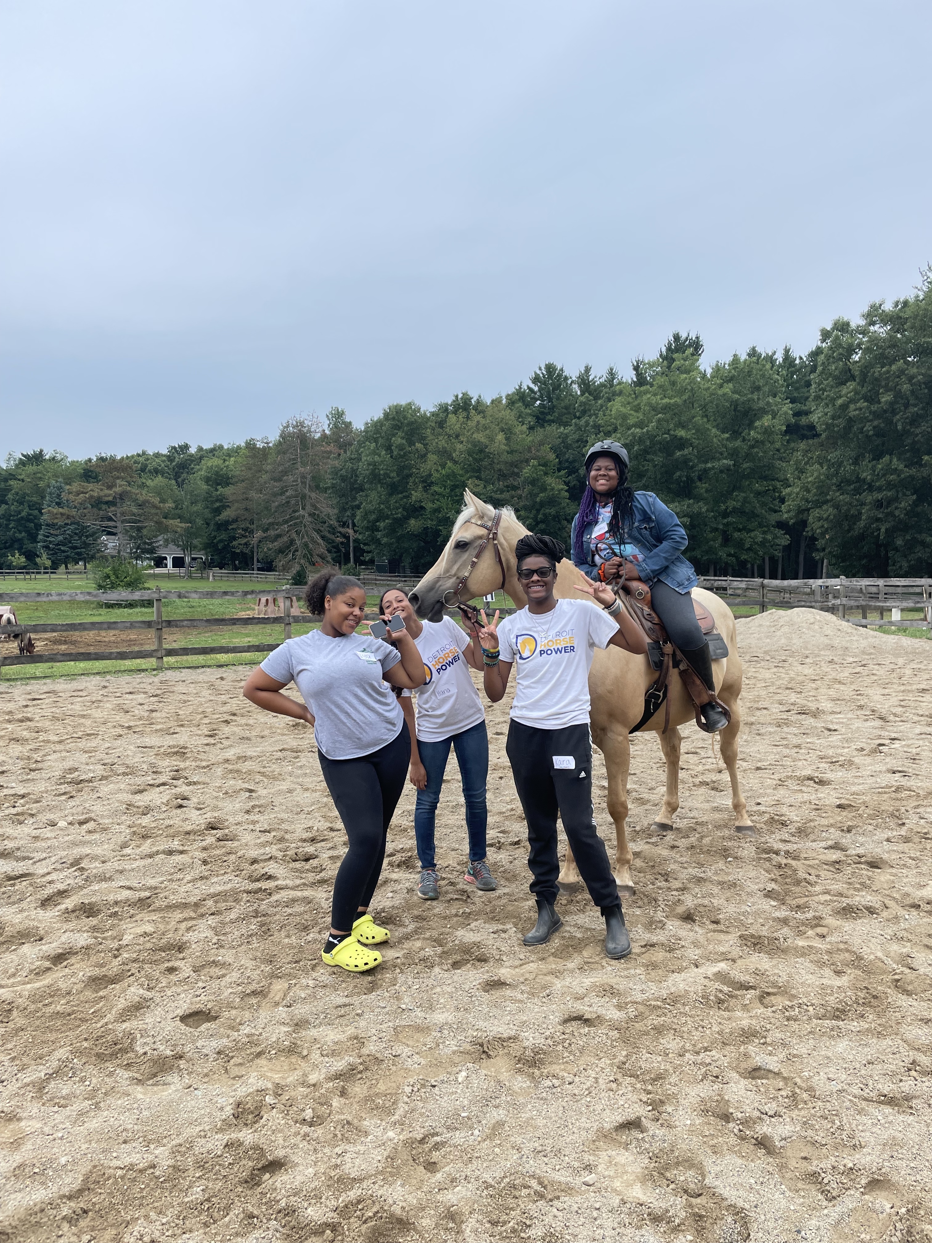 a group of people stand around a horse, which has a rider